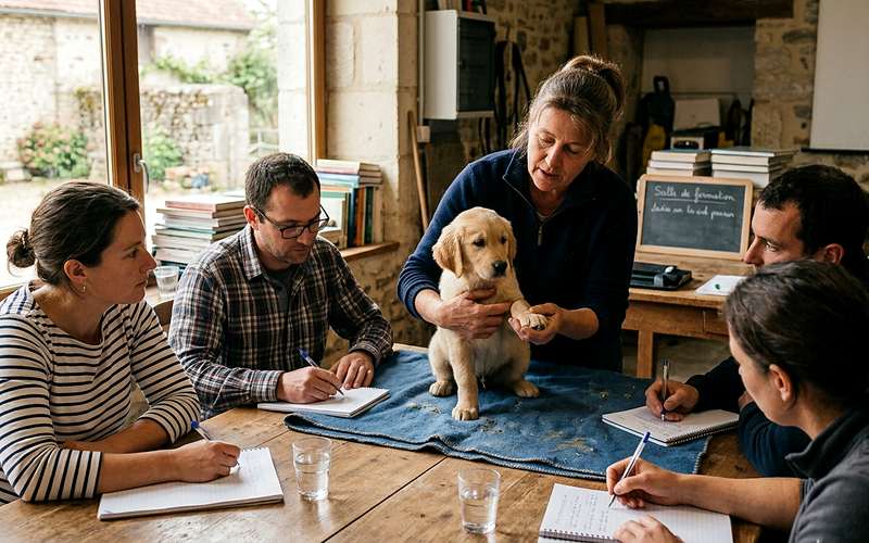 Formateur pr&eacute;sentant &agrave; des stagiaires le comportement d'un chiot lors d'une session ACACED