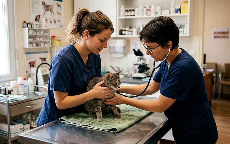 Assistante v&eacute;t&eacute;rinaire tenant un chat sur la table d'examen pendant que le v&eacute;t&eacute;rinaire l'ausculte en clinique