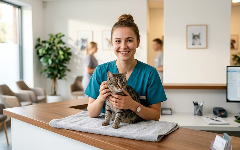 Auxiliaire spécialisé vétérinaire en tenue de clinique tenant un chat sur le comptoir d'accueil d'une clinique vétérinaire