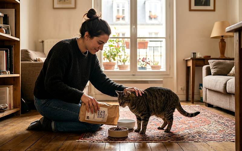 Cat sitter nourrissant et caressant un chat lors d'une visite &agrave; domicile