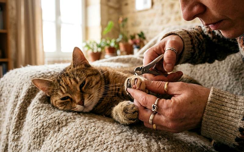 Mains tenant la patte d'un chat calme pour couper les griffes d'un chat avec un coupe-griffes adapt&eacute;