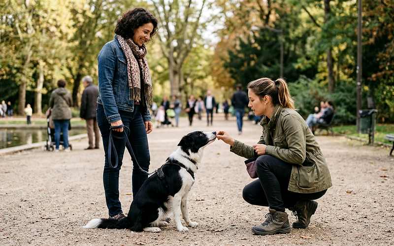 Comportementaliste canin accroupie r&eacute;compensant un chien assis en laisse lors d'une s&eacute;ance avec sa propri&eacute;taire dans un parc
