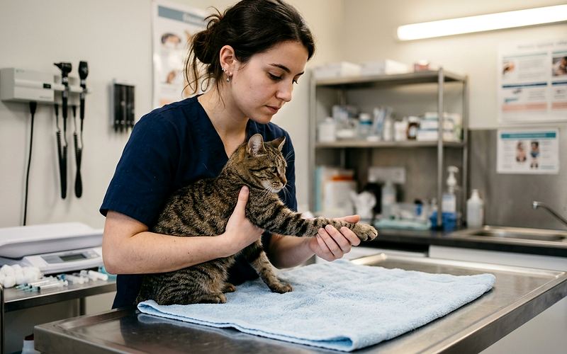 Auxiliaire v&eacute;t&eacute;rinaire, parfois appel&eacute;e infirmi&egrave;re v&eacute;t&eacute;rinaire, surveillant un chat apr&egrave;s une prise de sang