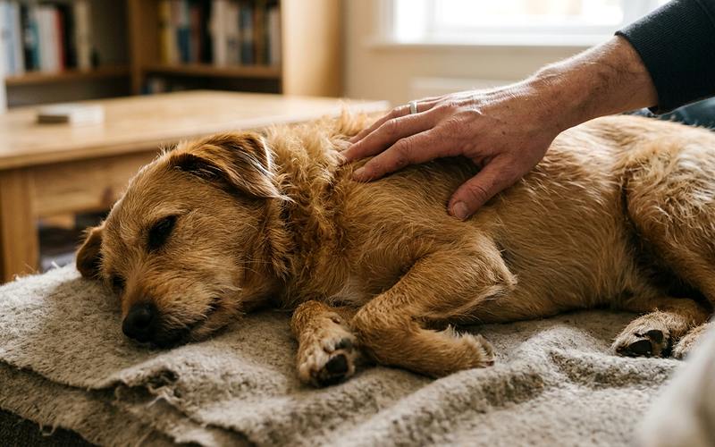 Chien d&eacute;tendu allong&eacute; pendant un massage canin, main massant les muscles du dos