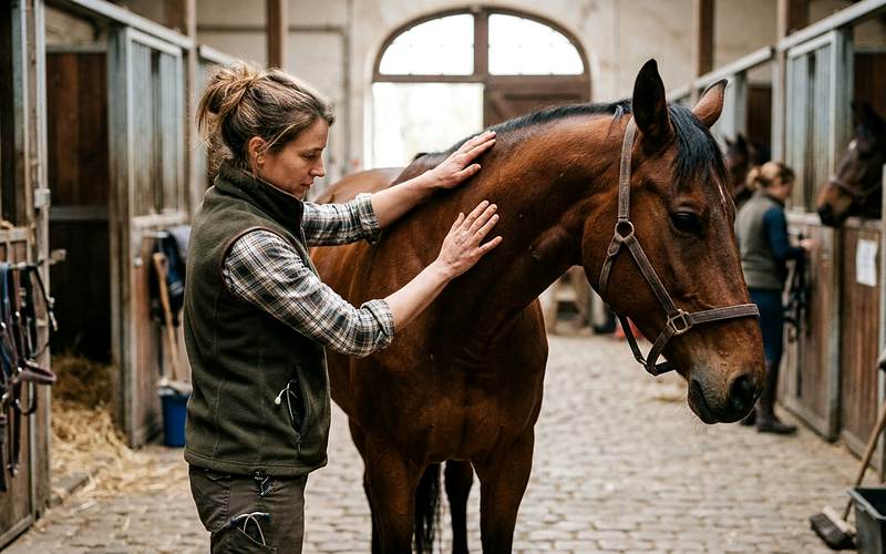 Ost&eacute;opathe animalier : une praticienne pose les mains sur l'encolure d'un cheval dans une &eacute;curie