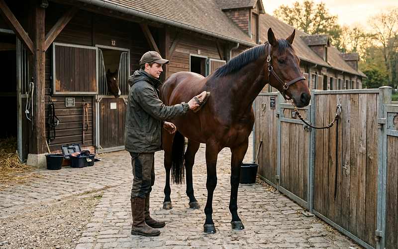 Palefrenier soigneur pansant un cheval bai devant les box d'une écurie au petit matin