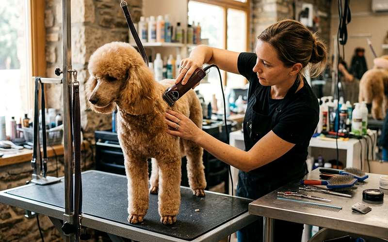 Toilettage canin d'un chien sur une table de toilettage avec une tondeuse professionnelle