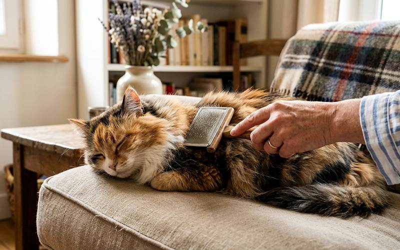 Chat &agrave; poils longs bross&eacute; avec une carde lors d'une s&eacute;ance de toilettage &agrave; la maison