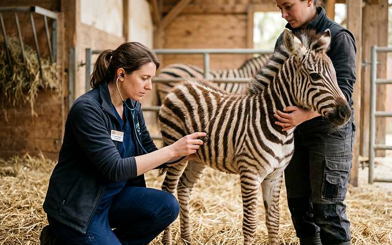 V&eacute;t&eacute;rinaire en zoo examinant un jeune z&egrave;bre tenu par une soigneuse dans l'enclos d'un parc zoologique